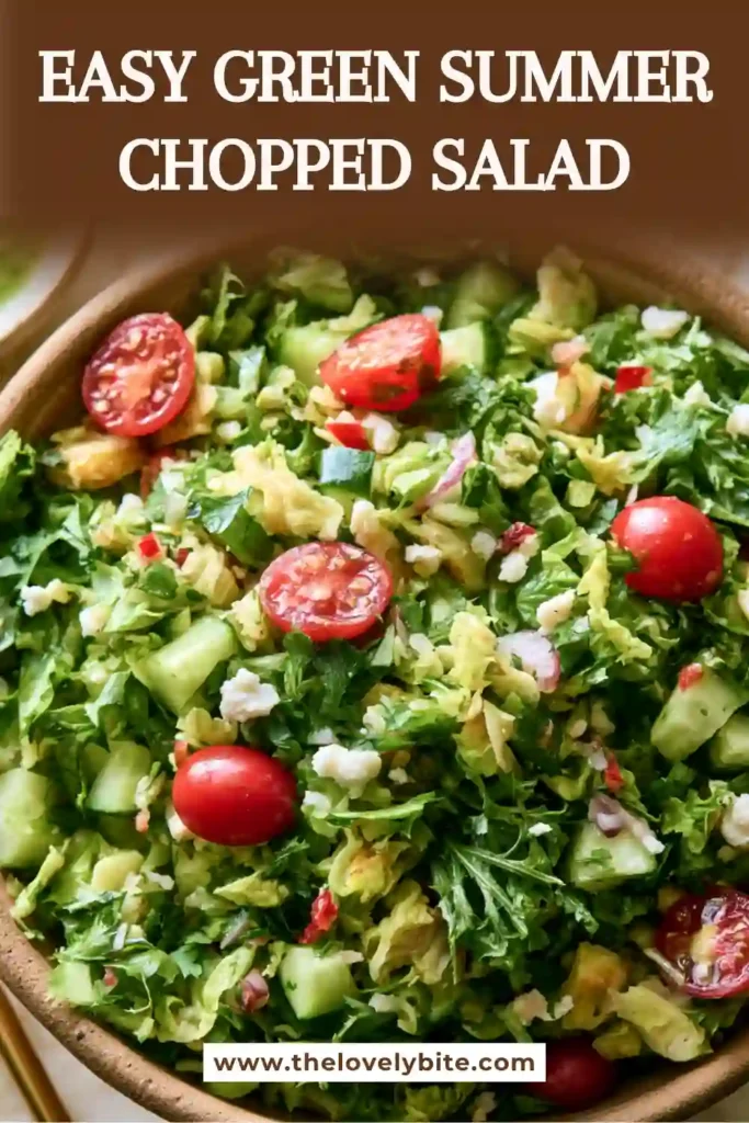 Easy Green Summer Chopped Salad served in a large bowl with crisp lettuce, chickpeas, feta, cucumber, and homemade dressing. An ideal meal prep salad for busy weekdays.
