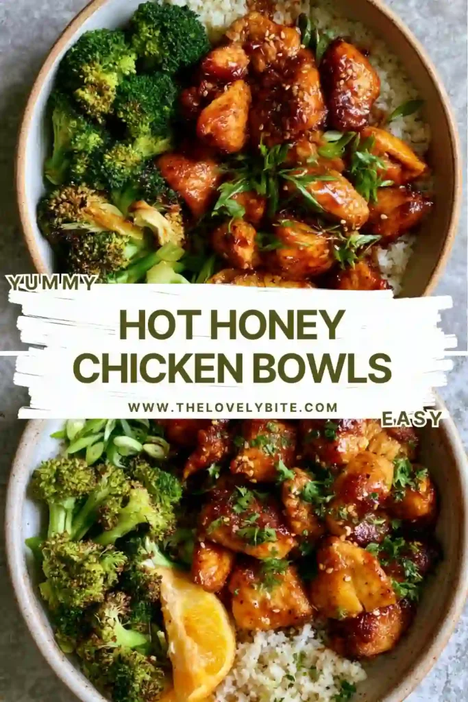 Hot Honey Chicken Bowl with roasted chicken, sweet potatoes, broccoli, and hot honey drizzle.