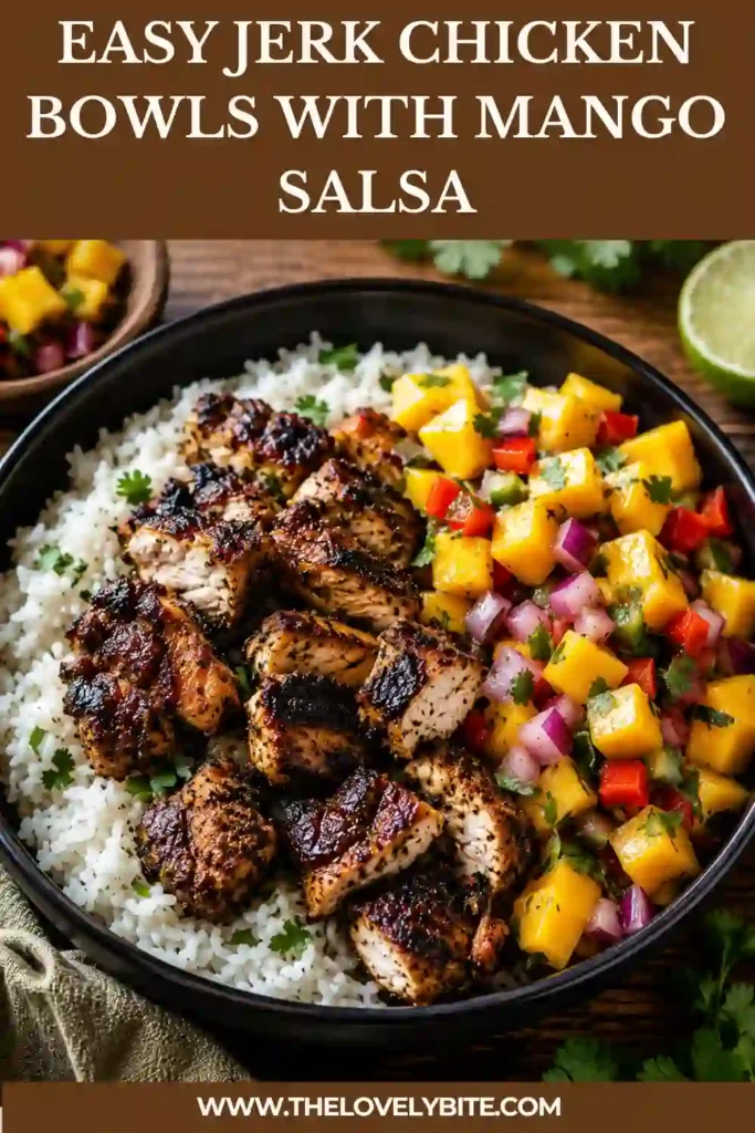 Close-up of a tropical jerk chicken rice bowl with juicy sliced chicken, creamy coconut rice, and fresh mango salsa. This easy weeknight dinner is packed with Caribbean-inspired flavors.
