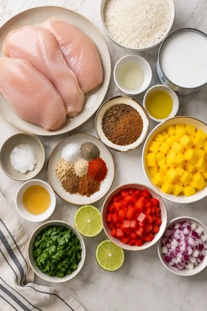 Homemade Easy Jerk Chicken Bowls arranged with sliced chicken, fluffy coconut rice, and tropical mango salsa. A balanced meal ideal for meal prep and family dinners.