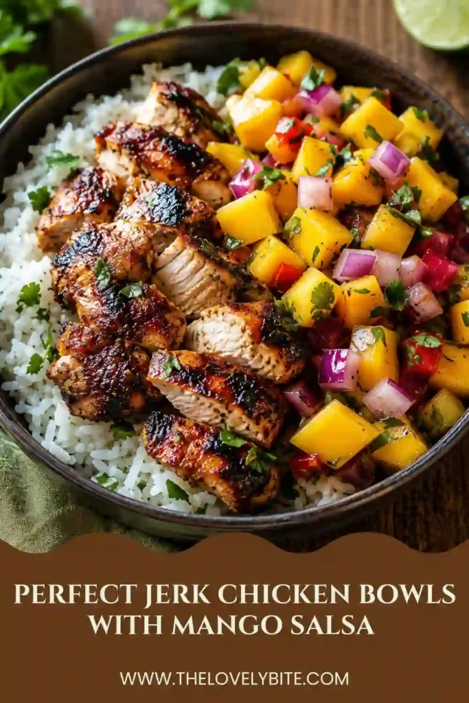 Healthy Easy Jerk Chicken Bowls served with coconut rice and colorful mango salsa. The vibrant presentation showcases fresh ingredients and bold Caribbean flavors.