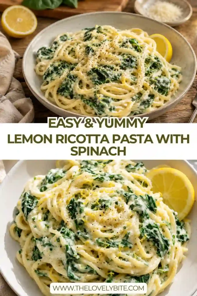 A bowl of Easy Lemon Ricotta Pasta tossed with fresh spinach and creamy ricotta sauce. Fresh lemon zest and grated Parmesan create a bright and flavorful vegetarian pasta dish.