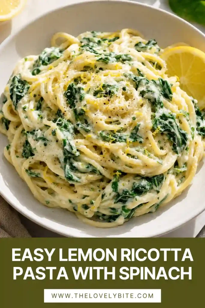 Freshly prepared lemon ricotta pasta served with spinach, Parmesan cheese, and lemon wedges. The creamy sauce coats every strand of pasta beautifully.