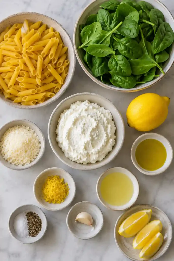 Easy Lemon Ricotta Pasta served in a bowl with extra Parmesan, olive oil drizzle, and fresh lemon wedges. The creamy texture and vibrant ingredients make it visually appealing.