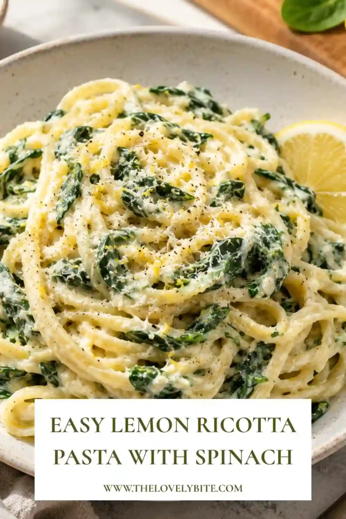 A close-up of creamy spinach ricotta pasta garnished with Parmesan and lemon zest. This easy vegetarian pasta recipe is colorful and inviting.