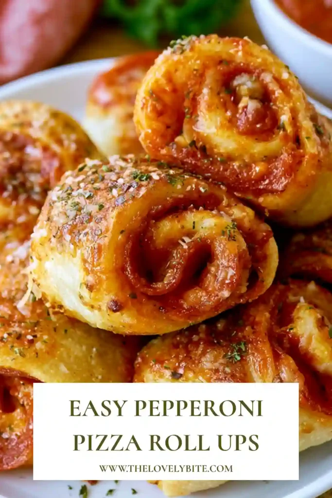 Golden brown Pepperoni Pizza Roll Ups served with warm pizza sauce for dipping.