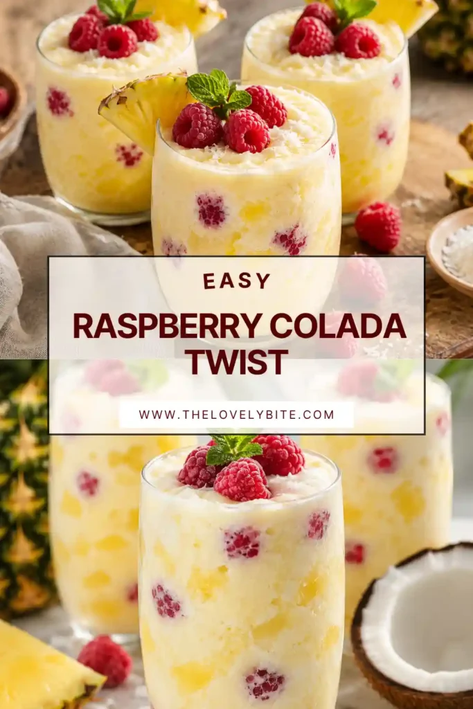 A glass of Easy Raspberry Colada Twist Recipe garnished with fresh raspberries, pineapple wedges, and mint leaves. The tropical drink features a creamy pink color and refreshing summer appeal.