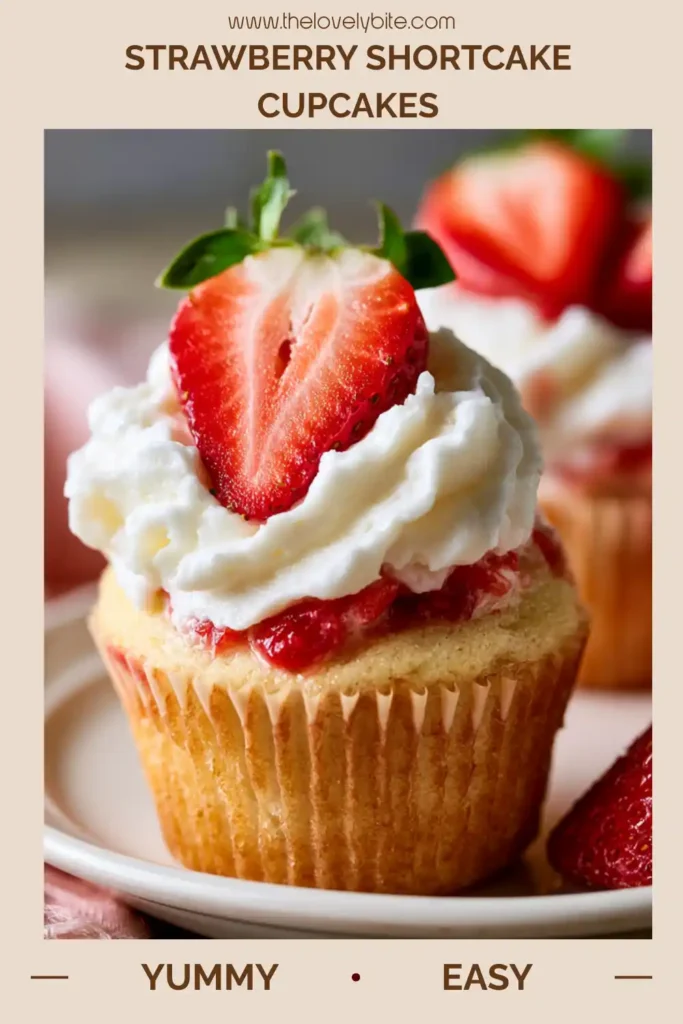 Bakery-style Strawberry Shortcake Cupcakes garnished with fresh strawberries and mint leaves.