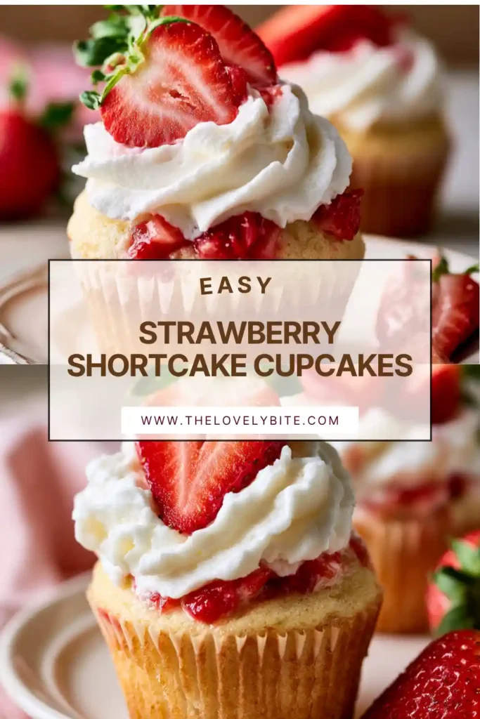 Strawberry Shortcake Cupcakes topped with fluffy strawberry whipped cream and fresh strawberry slices on a dessert platter.