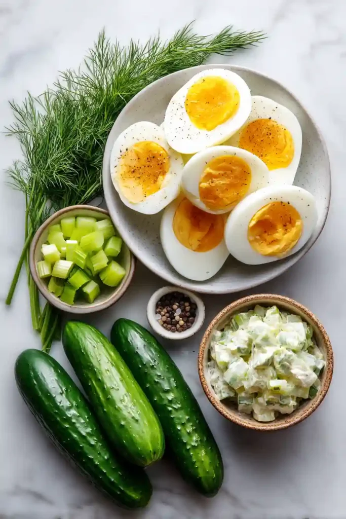 Close-up of Egg Salad Cucumber Canapés garnished with dill and served chilled.
