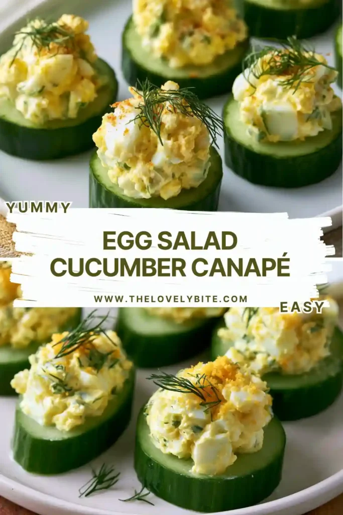 Egg Salad Cucumber Canapés topped with creamy dill egg salad and fresh dill garnish on a serving platter.
