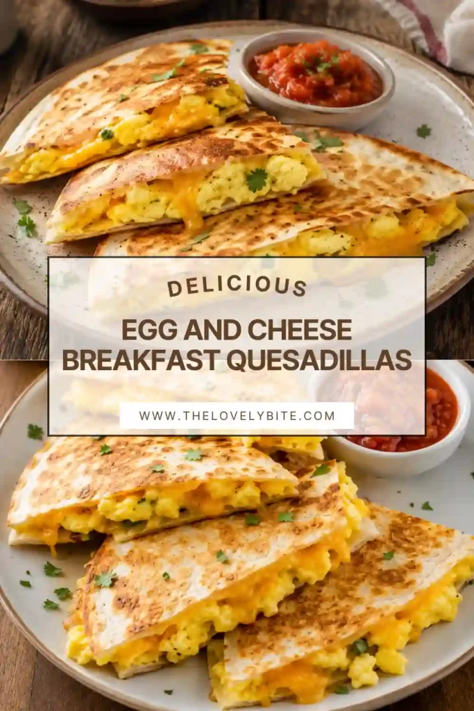 Freshly cooked Egg and Cheese Breakfast Quesadillas sliced into quarters on a serving plate. Crispy golden tortillas surround fluffy eggs, sautéed vegetables, and melted cheese.