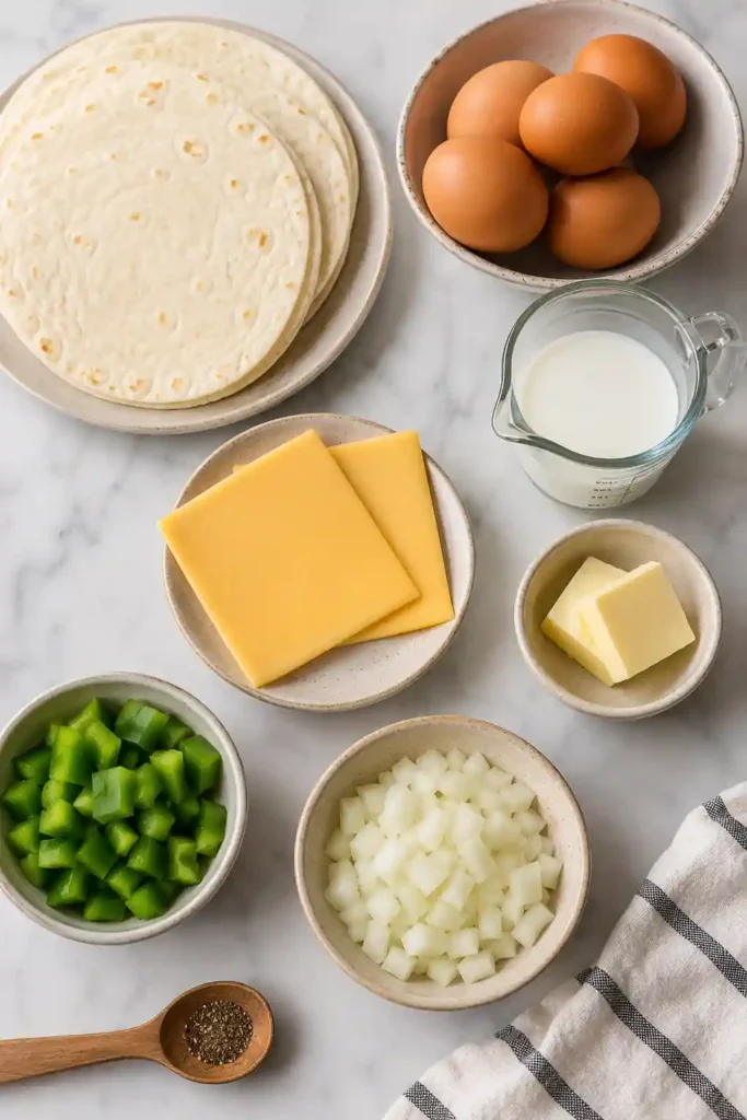 Golden breakfast quesadillas stacked on a plate with melted cheese visible between layers. A family-friendly vegetarian breakfast option with fresh ingredients.