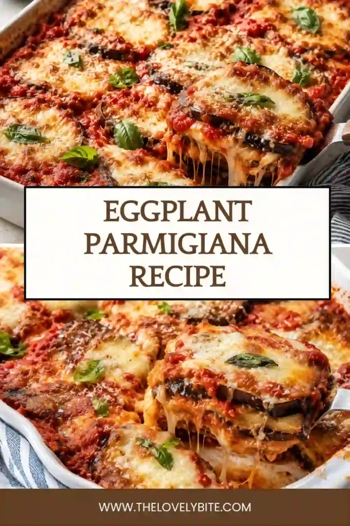 Homemade Eggplant Parmigiana featuring layers of roasted eggplant, basil, tomato sauce, and cheese. A comforting Italian casserole baked until perfectly golden.