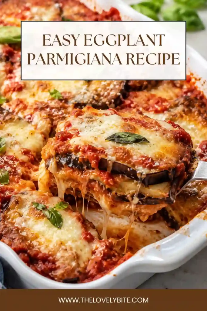 Close-up view of baked Eggplant Parmigiana with bubbling mozzarella, parmesan cheese, and fresh basil. This traditional Italian dish is rich, flavorful, and satisfying.