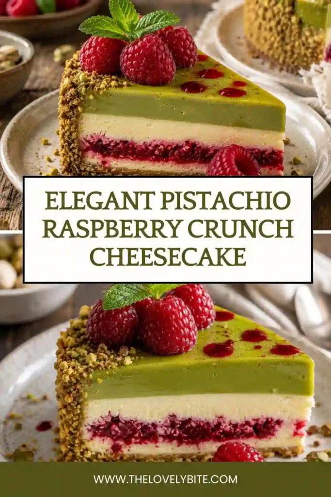 A slice of Elegant Pistachio Raspberry Crunch Cheesecake topped with fresh raspberries and chopped pistachios. The creamy cheesecake filling features beautiful raspberry swirls and a crunchy nutty crust.