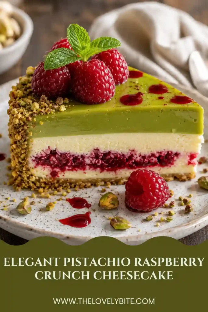 Elegant Pistachio Raspberry Crunch Cheesecake garnished with chopped pistachios and fresh raspberries on top. The dessert features a golden crust and creamy center.