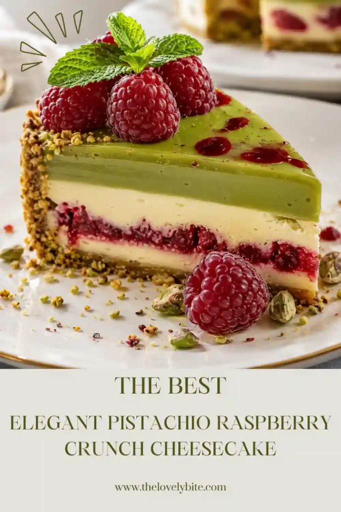 Whole raspberry pistachio cheesecake displayed on a serving platter with fresh berry garnish. Decorative raspberry swirls create an eye-catching presentation.