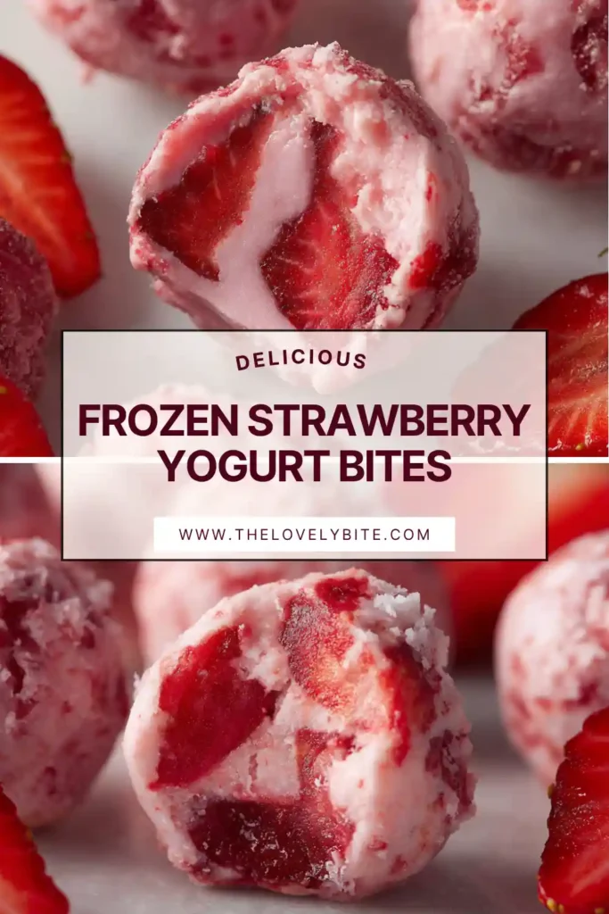 Frozen Strawberry Yogurt Bites coated in semi-sweet chocolate and topped with flaky salt. These creamy strawberry yogurt treats make a healthy frozen dessert.