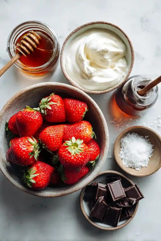 Close-up view of Frozen Strawberry Yogurt Bites made with strawberries, Greek yogurt, and melted chocolate. Perfect for healthy snacking and summer treats.