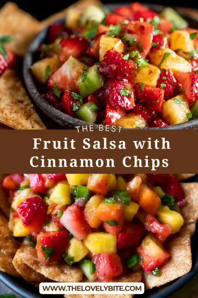 A bowl of fresh fruit salsa made with strawberries, kiwi, mango, and apple served alongside crispy cinnamon sugar tortilla chips. This colorful dessert is perfect for summer entertaining and family gatherings.