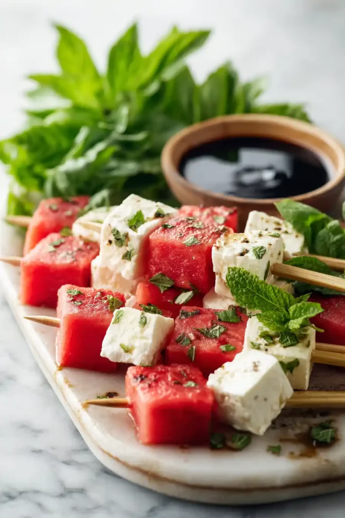 A platter of Watermelon Feta Skewers made with juicy watermelon cubes, creamy feta cheese, fresh basil leaves, and balsamic glaze. This colorful summer appetizer is fresh, vibrant, and easy to serve.
