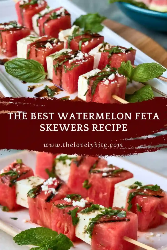Close-up of watermelon feta skewers arranged on a serving tray and drizzled with balsamic glaze. The sweet and savory combination makes a perfect party appetizer.