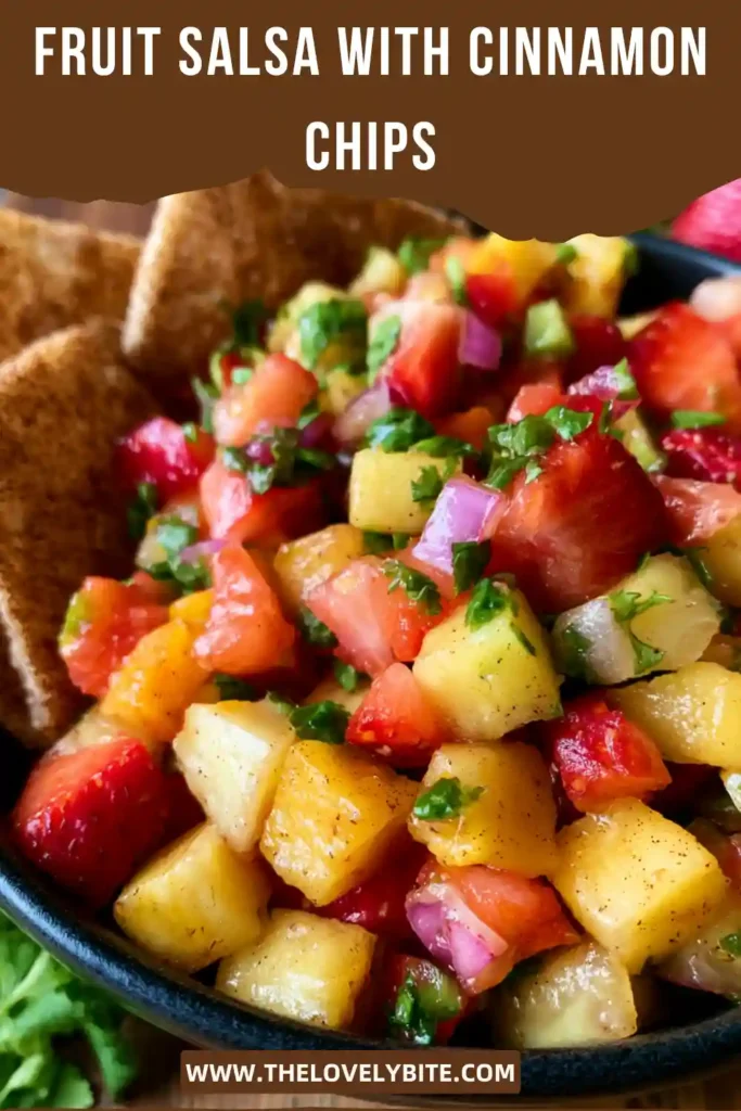 Colorful fruit salsa featuring diced strawberries, mango, kiwi, and apples paired with baked cinnamon chips. A fresh and easy dessert recipe for parties and celebrations.