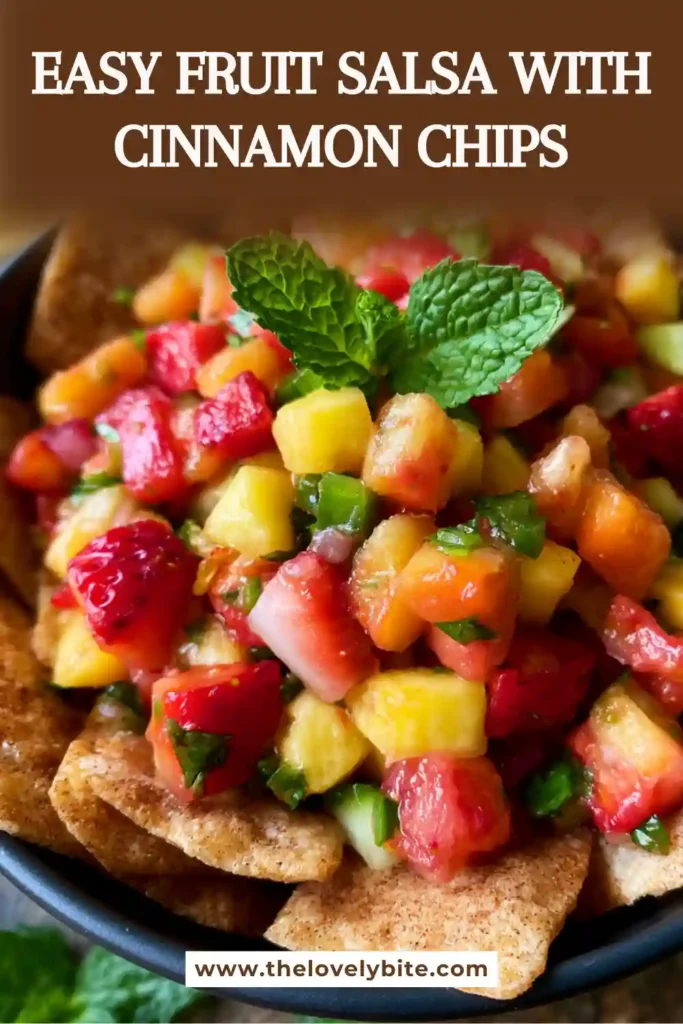 Homemade Fruit Salsa with Cinnamon Chips displayed on a serving platter for a party dessert table. Fresh fruit and crunchy cinnamon sugar chips create a beautiful presentation.