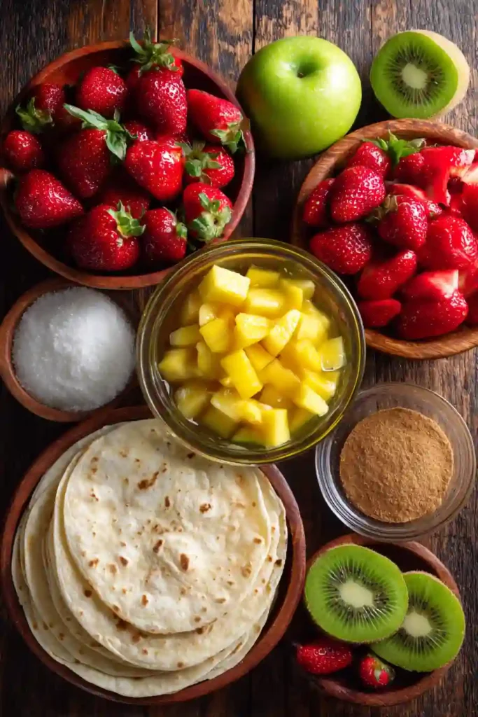 Fresh fruit salsa in a bowl surrounded by golden baked cinnamon sugar tortilla chips. A simple and delicious summer dessert made with fresh ingredients.