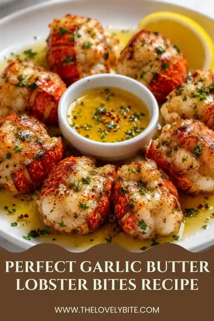 Juicy lobster bites cooked in garlic butter with fresh herbs and served with lemon wedges. The dish looks rich, flavorful, and perfect for seafood lovers.