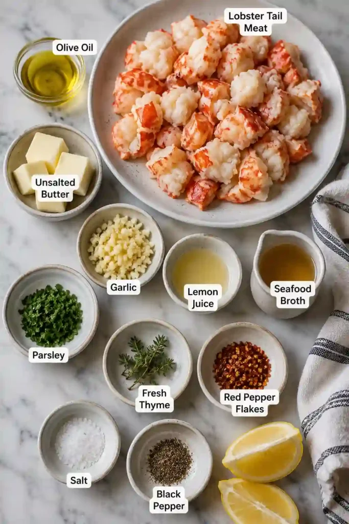 Fresh lobster tail pieces simmered in buttery garlic sauce with thyme and lemon. Every bite is tender, flavorful, and beautifully presented.