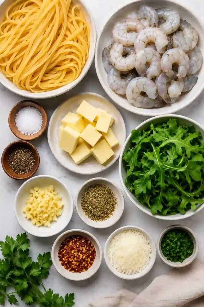 A bowl of Garlic Butter Shrimp Pasta topped with fresh parsley and grated Parmesan cheese. The pasta is coated in a rich garlic butter sauce with tender shrimp and fresh greens.