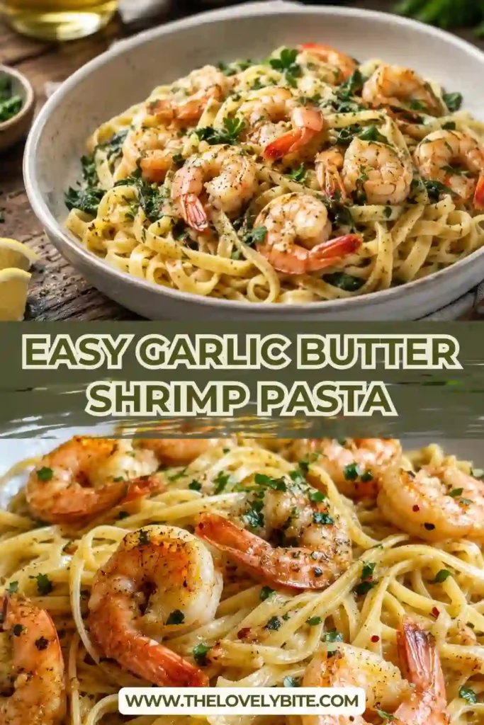 Freshly prepared seafood pasta featuring shrimp, garlic butter sauce, and wilted spinach. This easy shrimp pasta recipe is garnished with parsley for extra flavor.
