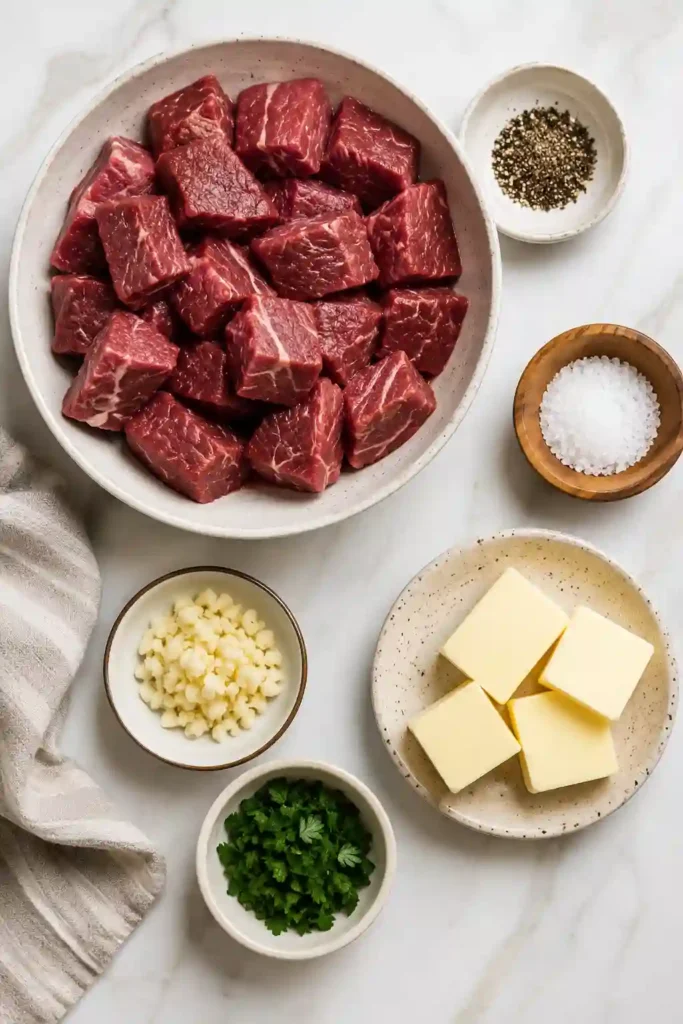 Juicy Garlic Butter Steak Bites seared in a cast-iron skillet and coated in a rich garlic butter sauce. Tender steak pieces are garnished with fresh parsley for a flavorful and easy dinner.