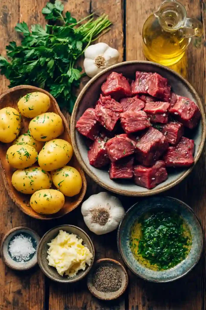Close-up view of garlic butter steak bites served with golden potatoes in a cast-iron skillet. The steak is perfectly seared and coated with buttery garlic seasoning.