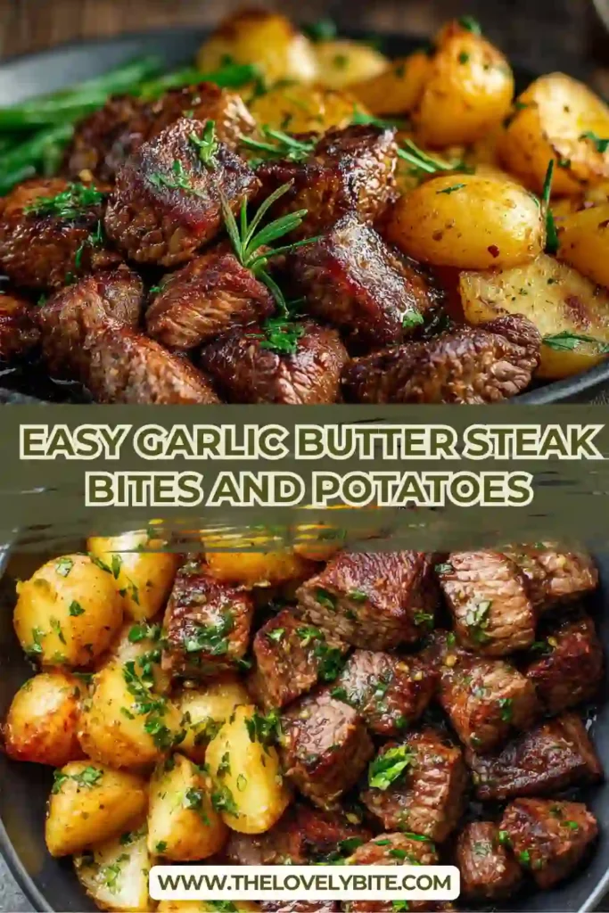 Garlic Butter Steak Bites and Potatoes served hot in a cast-iron skillet with a golden buttery coating. A quick and flavorful steak dinner recipe.