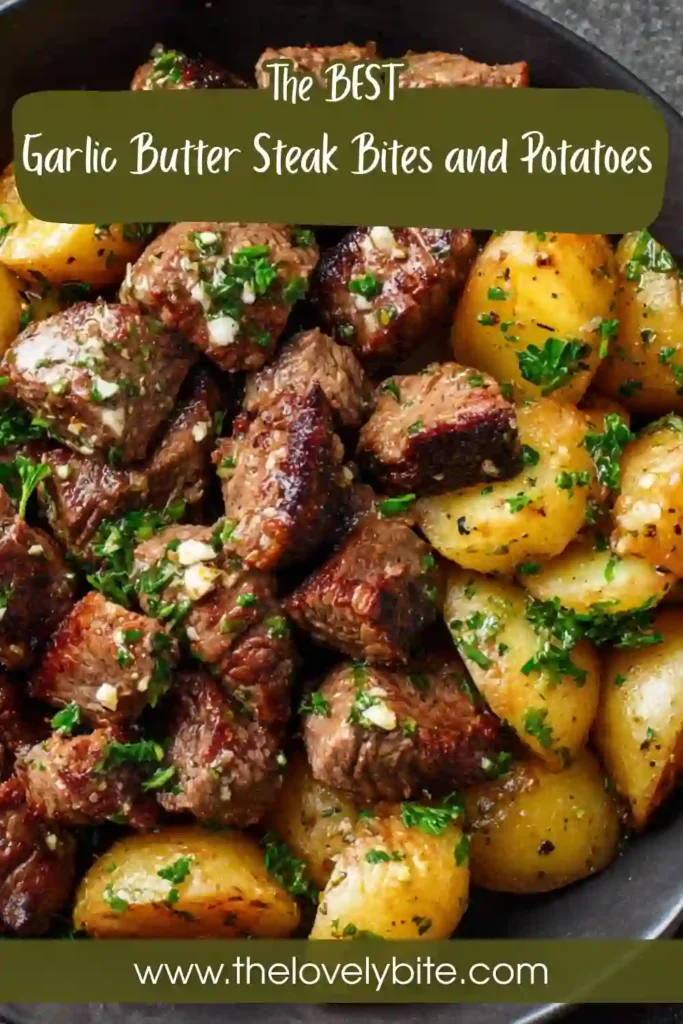 A skillet filled with Garlic Butter Steak Bites and Potatoes cooked until golden brown. Tender sirloin steak and crispy Yukon Gold potatoes are coated in rich garlic herb butter.