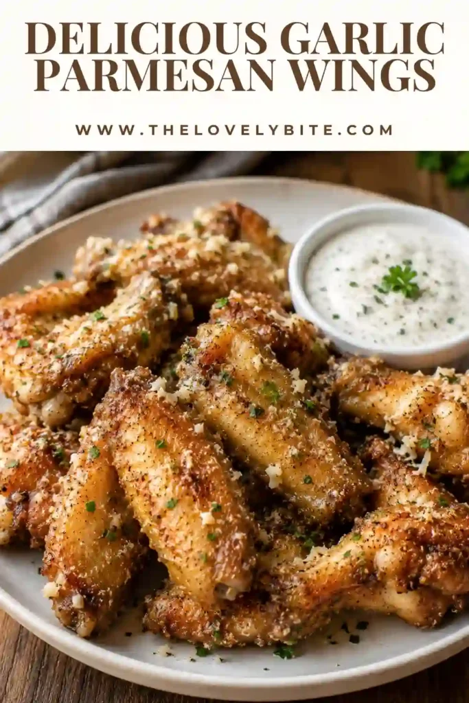 Freshly baked Garlic Parmesan Wings coated in buttery garlic sauce and topped with grated Parmesan and chopped parsley. These crispy oven baked chicken wings are golden, juicy, and perfect for serving as an appetizer or main course.
