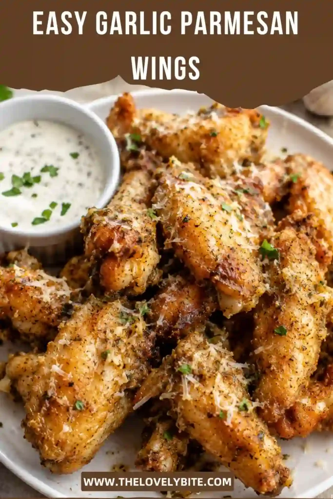 A plate of crispy Garlic Parmesan Wings garnished with fresh parsley and Parmesan cheese. These homemade baked wings feature rich garlic butter flavor and a beautifully golden finish.