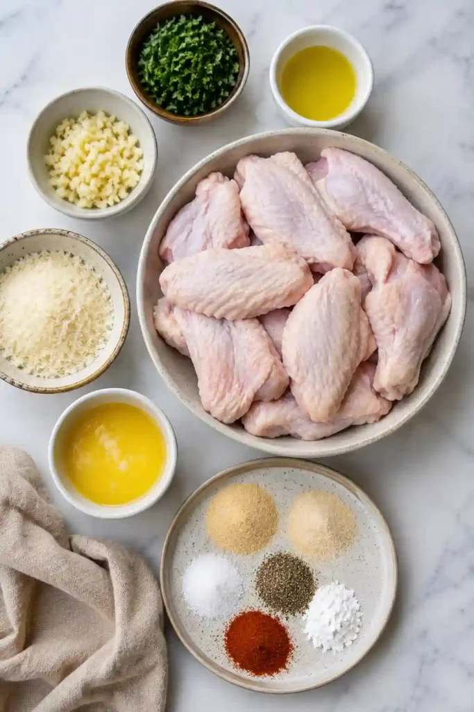 Close-up of Garlic Parmesan Wings served with ranch dip and fresh herbs. Crispy oven baked chicken wings tossed in buttery garlic sauce make a perfect party appetizer.