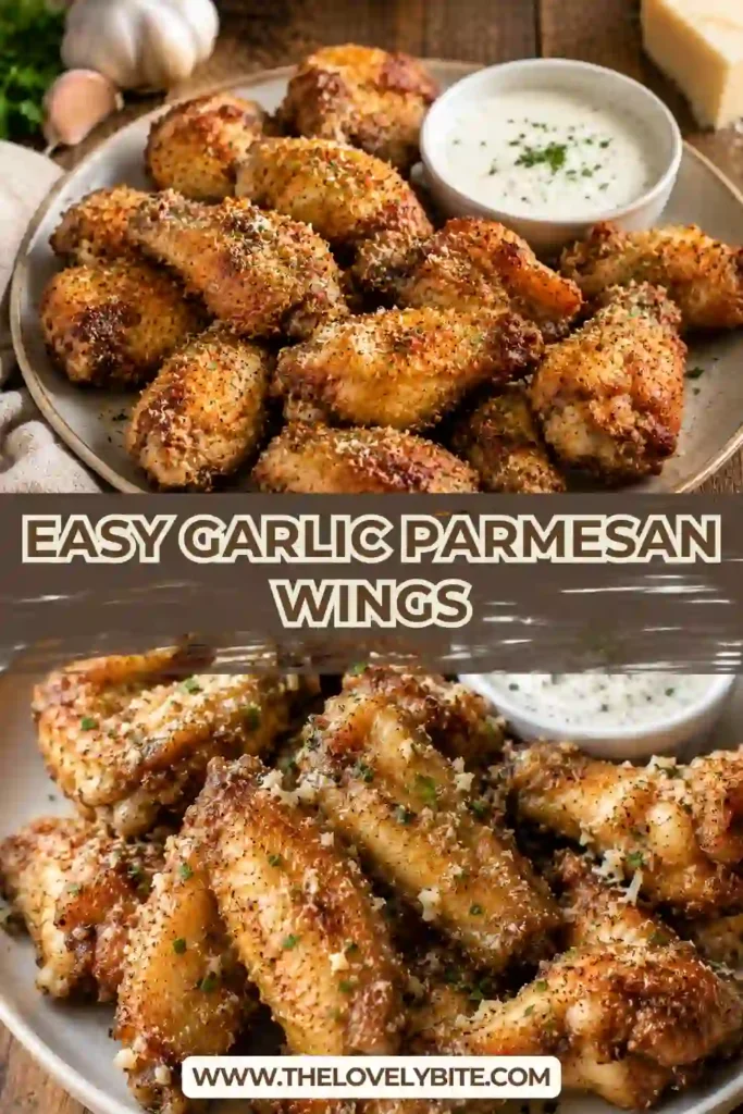 Golden brown Garlic Parmesan Wings fresh from the oven with melted Parmesan coating every bite. This easy baked chicken wings recipe delivers crispy skin and tender meat.