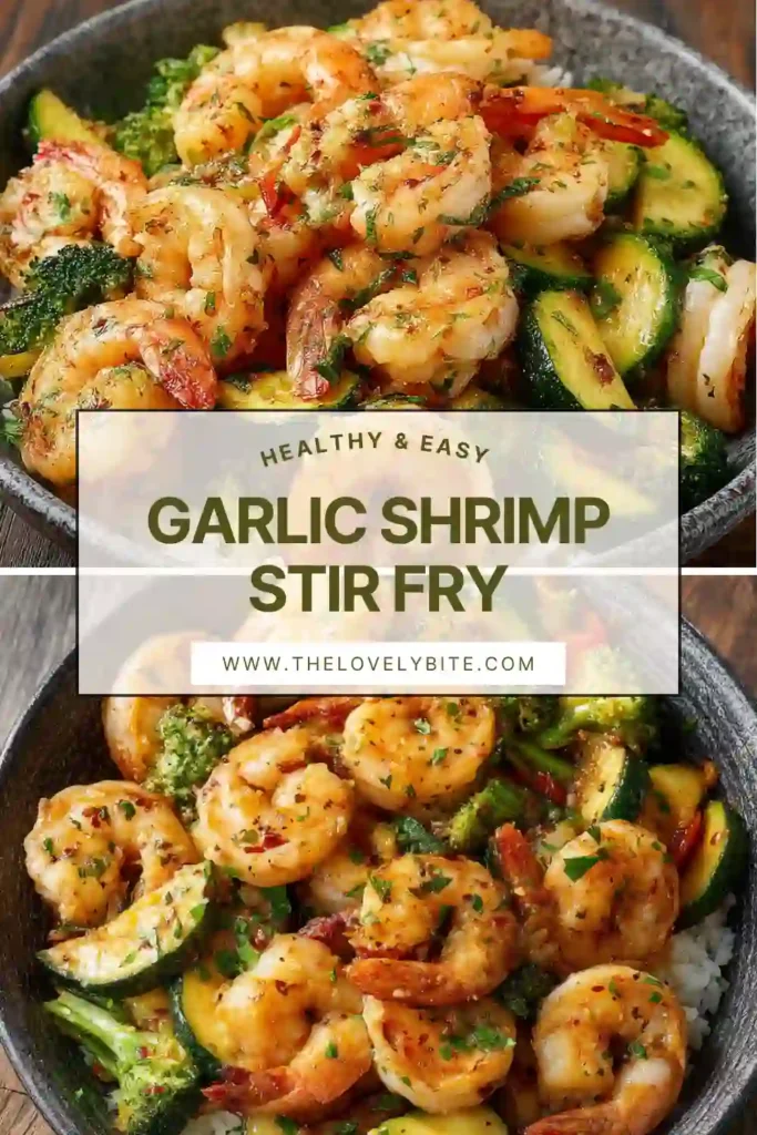 A skillet filled with garlic shrimp stir fry featuring tender shrimp, sliced zucchini, fresh parsley, and lemon. This healthy shrimp dinner is colorful, fresh, and ready in just 20 minutes.