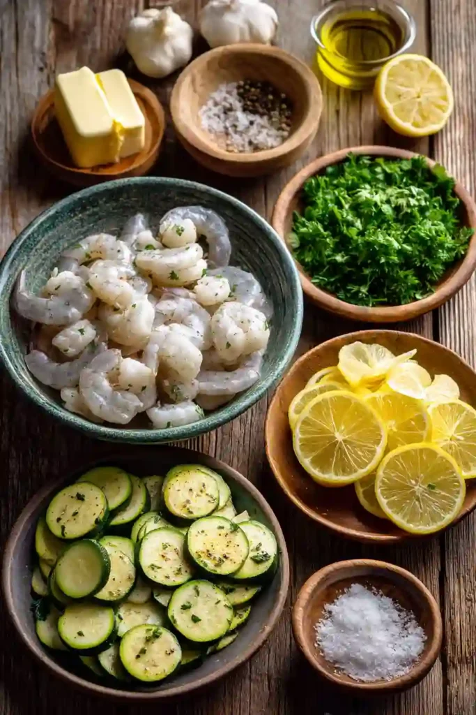 Healthy garlic shrimp stir fry with golden shrimp and tender zucchini garnished with parsley. A quick seafood dinner perfect for busy evenings.