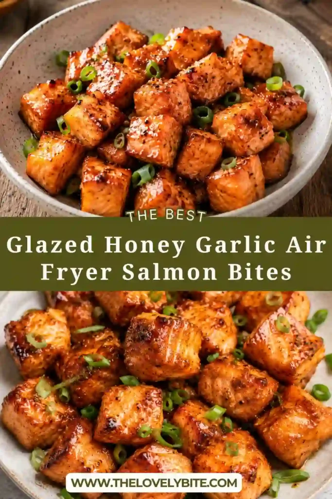 Healthy honey garlic salmon bites cooked in the air fryer until perfectly caramelized. The salmon is served as a quick and easy high-protein dinner.