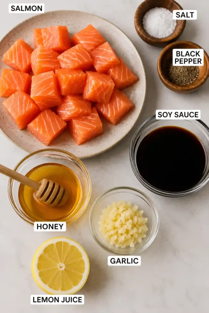 Tender Glazed Honey Garlic Air Fryer Salmon Bites served over fluffy rice with steamed vegetables. The glossy glaze creates a mouthwatering finish.