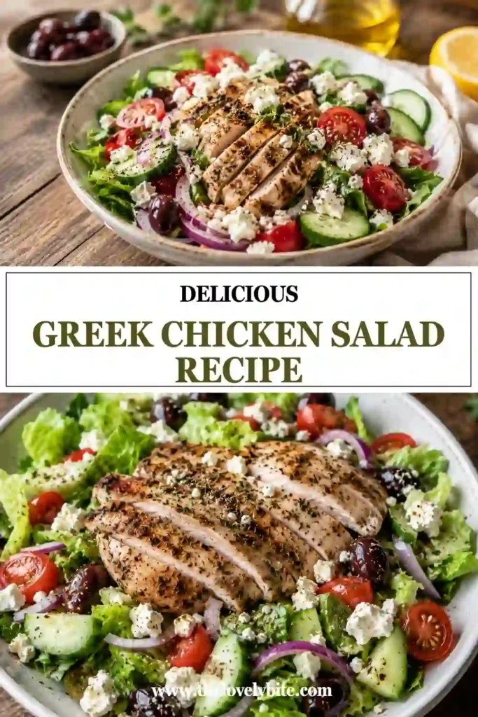 Healthy Greek chicken salad featuring crisp romaine lettuce, juicy chicken breast, fresh vegetables, feta cheese, and olives. This Mediterranean salad is colorful, nutritious, and full of flavor.