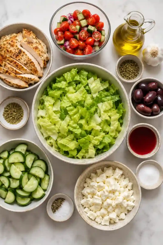 Greek Chicken Salad Recipe served in a large bowl with grilled marinated chicken, lettuce, cucumbers, tomatoes, feta cheese, and Kalamata olives. A homemade Greek dressing is drizzled over the fresh Mediterranean ingredients.