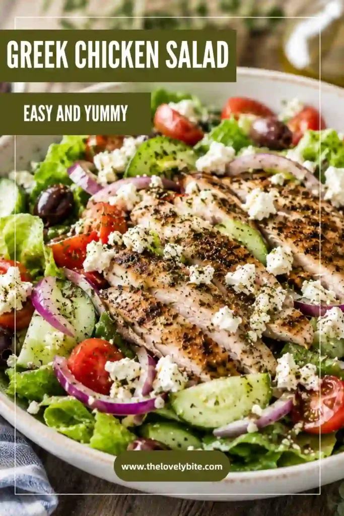 Fresh Greek salad with chicken topped with feta chunks, cucumber slices, tomatoes, and olives. The homemade Greek dressing creates a vibrant Mediterranean meal.