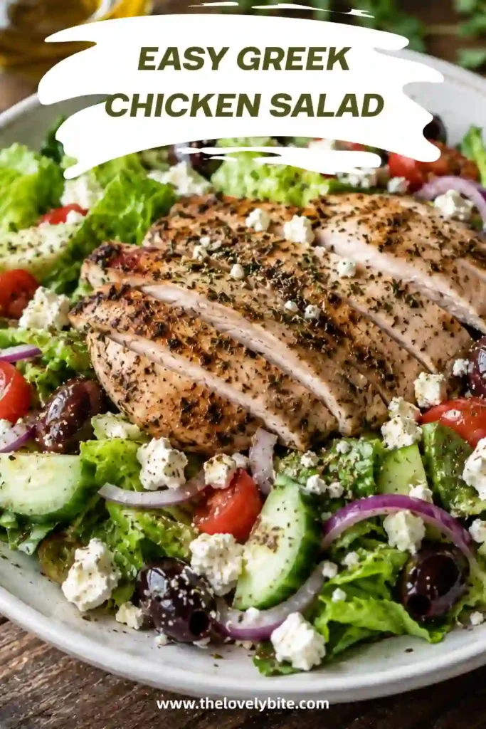 Mediterranean chicken salad prepared with marinated chicken breast, crunchy lettuce, feta cheese, and fresh vegetables. A perfect healthy lunch or light dinner option.